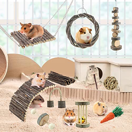 Hamster Toys Rat Toys Chinchilla Toys Hamster Chew Toys Natural Timothy Hay Sticks Apple Wood Sticks Ladder Bell Roller for Gerbil Guinea Pigs and Other Small Animal