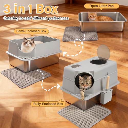 Stainless Steel Litter Box with Lid,XL Large Enclosed Cat Litter Box | Front & Top Entry Metal Litterbox, Odor Control,Anti-Leakage, Non-Sticky, Includes Mat&Scoop,23.8 x 15.8 x 15.8 inches - color: Enclosed