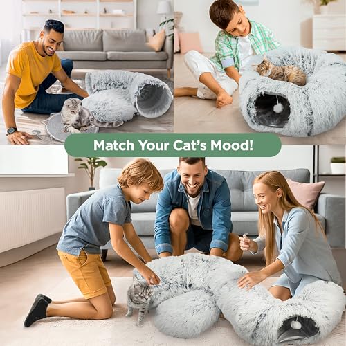 Cat Tunnel Donut Bed & Cat Scratch Pad, Interactive Cat Tunnels for Indoor Cats, Fits Multiple Cats Up to 15 lbs, Cozy and Durable Cat Hideaway Toy for Kittens, Puppies, Rabbits (Grey)