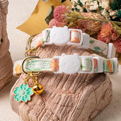 2 Pack Cotton Cat Collar Beige and Green Flowers Cute Kitten Cat Collar | Breakaway Breathable Soft material With cute pendants with Bell - color: Beige&Green