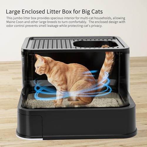 RIZZARI Stainless Steel Cat Litter: Covered, Top-Front Entry, Easy Clean | High Splash Sides / Leak-Proof Seal / Non-Stick Coating / Odor Control / Sifting Drawer / Garage-Bathroom Fit - color: Deep Black