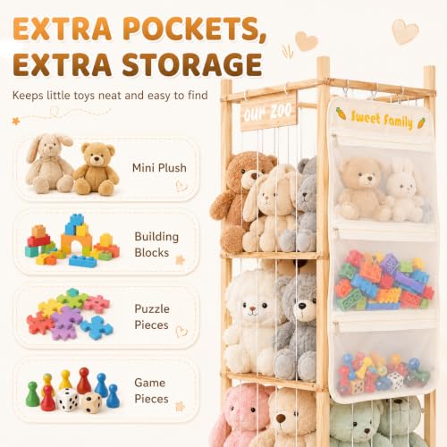 Stuffed Animal Storage Organizer, Large Wooden Zoo Toy Holder with Pockets, Plushie, Stuffy,Toy Storage for Kids Room, Playroom, Bedroom(Natural Small - size: Small