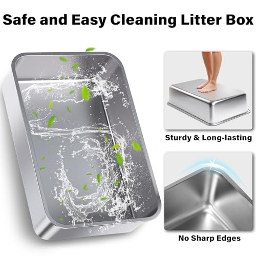XL Stainless Steel Litter Box with Lid, Extra Large Cat Litter Box | Metal Cat Litter Box for Big Cats with High Sides, Anti-Urine Leakage,Easy Cleaning, Non-Stick, Include Scoop and Mat - size: XL