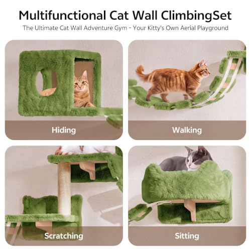 16-in-1 Cat Wall Shelves, Cat Furniture w/Tunnel & Bridge, Green | Wall Mounted Cats Shelf Set with Plush Fabric, Cat Climbing Wall Systems for 16 Inch Drywall, with Scratching Posts, Condos - color: Green, size: 16-in-1
