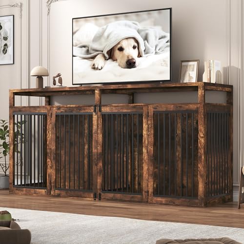 87In Extra Large Dog Crate Furniture for 2 Dogs, Farmhouse Dog Kennel Furniture, Dog Crate TV Stand with Solid Metal Tube & 4 Lockable Doors, Heavy-Duty Double Cage Dog, Rustic Brown - color: Rustic Brown