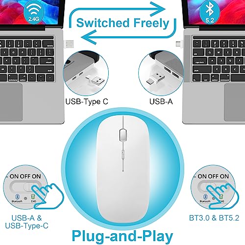 Mouse for MacBook Wireless Bluetooth Mice Laptop Mac Pro PC iPad Dual Mode | Wireless Bluetooth Rechargeable Silent Slim Optical Computer Mouse Bluetooth 5.2/3.0 and 2.4GHz USB Type-C Receiver White - color: 5.Bluetooth Wireless Mouse (White)