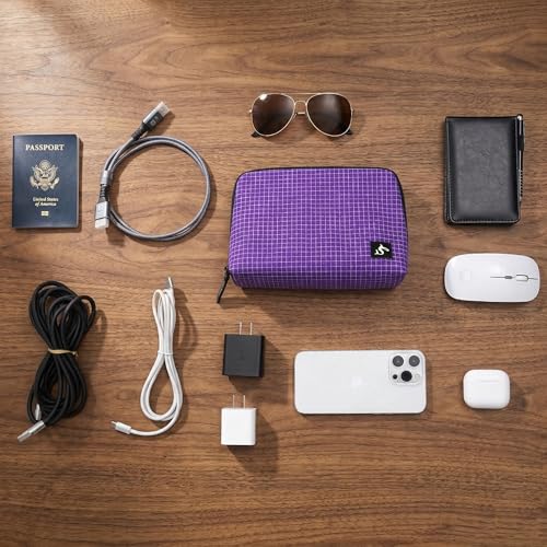 simtoper Electronic Organizer Travel Case – Waterproof Cable Bag for Cord, Charger, Hard Disk, Power Bank – Small Tech Storage for Travel, Backpack, Business Trip, Airplane - color: Purple Plaid, size: Large