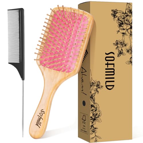 Sofmild Bamboo Hair Brush with Tail Comb, Pink Cushion Paddle Brush | Natural Wooden Hairbrush for Women Men Kids, 2 in 1 Comb Brush for Thick Curly Long Hair,Detangler Brush for Hair Growth - color: Rose