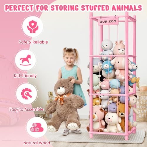 Woodure Stuffed Animal Storage & Organizer, Wooden Cute Zoo Toy Holder for Toddler Rooms, Playrooms & Bedrooms（Pink） - color: Pink