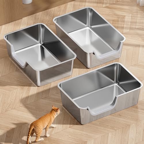 Stainless Steel Litter Box with High Sides,23.6" L X 15.7" W X 7.8" H,Extra Large Jumbo Cat Litter Box,XL Kitty Metal Liter Box for Indoor Big Cat,Non-sticky,Anti-Leakage(Entry on Short Side) - size: Entry on Short Side
