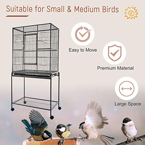 PawHut 30" Rolling Metal Bird Cage Feeder with Detachable Rolling Stand, Storage Shelf, Wood Perch & Food Container | Storage Shelf, Wood Perch, Food Container - size: 30.3"L x 18.5"W x 64.0"H