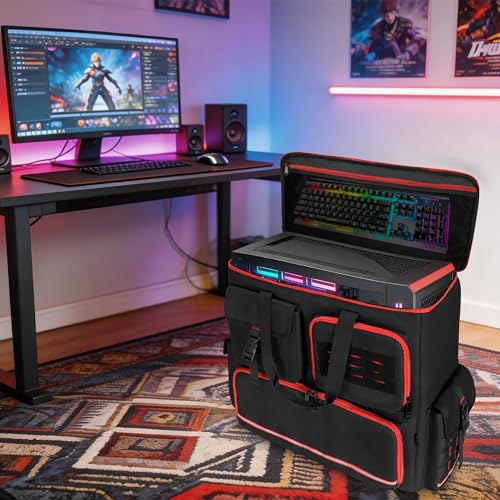 Desktop PC Tower Backpack for ATX/M-ATX Case with Bottom Pad | Padded PC Travel Bag with 6 Storage Pockets, MOLLE Side Pockets, Reflective Strips, Trolley Strap and Shoulder Straps, Black