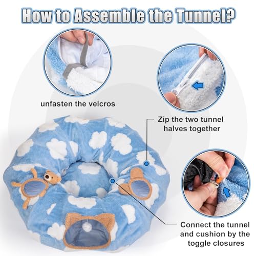 Cat Tunnel Bed, Tunnels for Indoor Cats with Washable Circle Cushion, Multifunctional Peekaboo Cave Donut Tubes Tunnel for Cat Kitty Kitten Puppy Rabbit Ferret (Sky Blue)