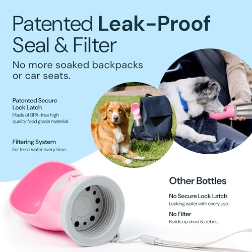 MalsiPree Insulated Dog Water Bottle - 24 oz Pink, Stainless Steel | 24oz insulated steel bottle & bowl - leak-proof - Use for dog travel, hiking, park & beach days - color: Pink, size: 24oz - Insulated