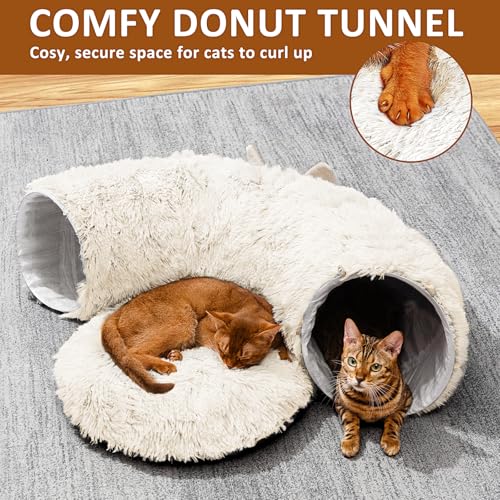 Cat Tunnel with Cat Bed for Indoor Cats, Soft Plush Peekaboo Cat Cave Donut Tunnel, Multifunctional Playground Toys Hideplace for Small Medium Large Kittens, Rabbit, Ferret (Cream White) - color: Cream white