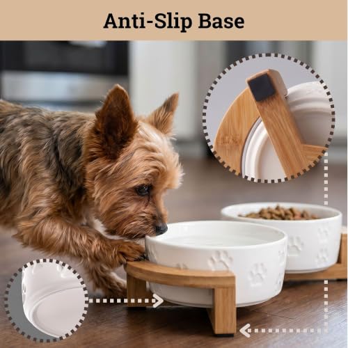 Ceramic Dog Bowl Set of 2, Anti-Skid Bamboo Stand, Elevated, 2 Cups Each | Thick Ceramic Food and Water Bowls Set of 2, Dishwasher Safe, Anti-Skid Rubber Base, 2 Cups per Bowl, Sturdy Bamboo Stand - color: White with Stand, size: Small