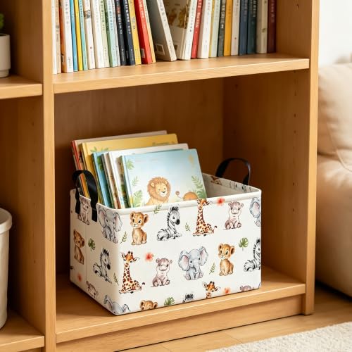 Rectangular Safari Animal Storage Bin, Fabric Closet Organizer Basket | Reinforced side grips, foldable container arranges wardrobe and bedroom daily belongings - color: REC Safari Animal
