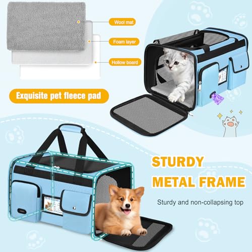 HUANLANG Large Cat Carrier Travel Soft Sided Pet Carrier Airline Approved | Dog Carriers for Small Dogs Medium Cats,Collapsible,3 Storage,zipper lock,Reflective strips,Luggage Strap, Up to 15 Lbs - color: Light Blue