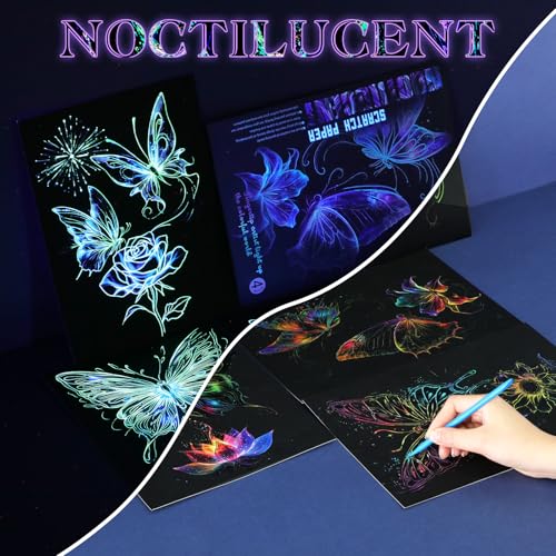 Gersoniel 8 Pack Dark Scratch Glow Art Adults Butterfly,Whale | Noctilucent Rainbow Engraving Sheets Reveal Vibrant Colors, Includes Wooden Stylus and Cleaning Brush for DIY Crafts - color: Hummingbird，butterfly