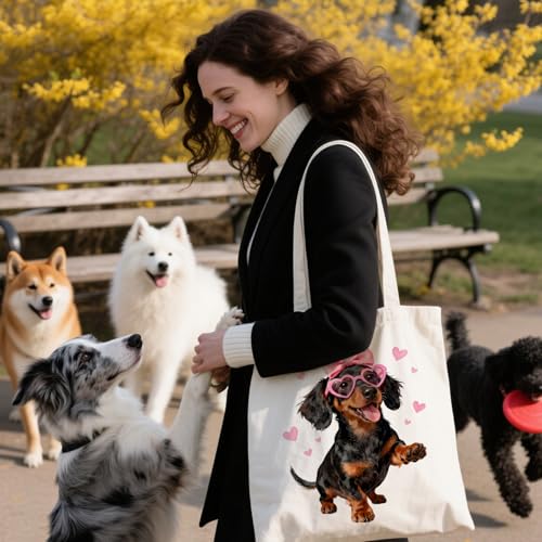 ANATTASOUL Canvas Tote Bag Reusable Cotton Bag for Women, Large 14.96"x 15.74" Cloth Shoulder Bags with Zipper Pockets - style: Glasses Puppy