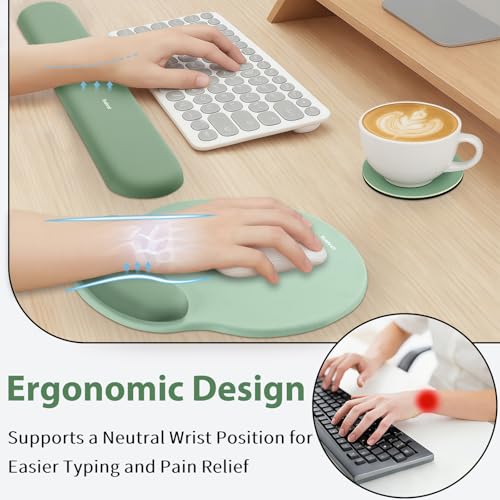 Mouse Pad and Keyboard Wrist Rest, 3-in-1 Gel Memory Foam Ergonomic Mouse Pad with Wrist Rest Set,Gaming Mousepad Arm Cushion Support for Computer Office Desk Accessories Cute Setup,Sage Green - color: Green