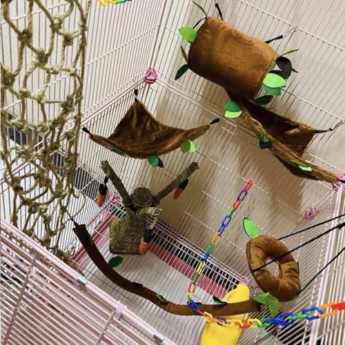 Hamiledyi 5PCS Hamster Hammock Sugar Glider Hammock Set Sugar Glider Cage Accessories Toys Small Animals Hanging Bed Hideout Tunnel Swing Rodent Iqammocking for Small Hamster Rat Gerbil - color: Brown