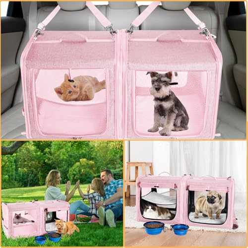 Extra Large Cat Carrier for 2 Cats with Travel Litter Box, 2-in-1 Foldable Soft Pet Car Travel Carrier with Zipper Locks for Multiple Cats Small Dogs Up to 45 Lbs, Pink - color: Pink