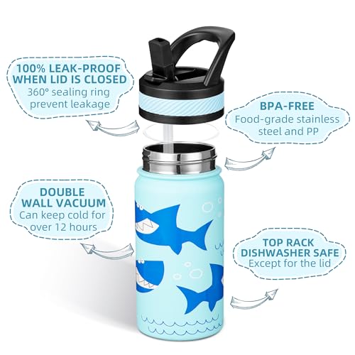 Fanhaw 14 oz Kids Water Bottle for School, Insulated Water Bottle with Straw Lid, Stainless Steel Vacuum Insulated Bottle for Boys & Girls, Leak-Proof, BPA Free(Pale Blue - Big Shark) - color: Pale Blue - Big Shark