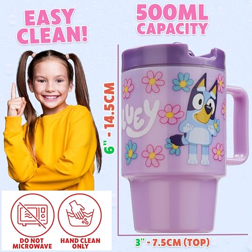 Get Trend Bluey Kids Water Bottle with Straw 16.9 oz BPA Free Plastic Cup with Lid Handle Reusable Drinking Tumbler for School Gifts for Kids (Purple Bluey) - color: Purple Bluey