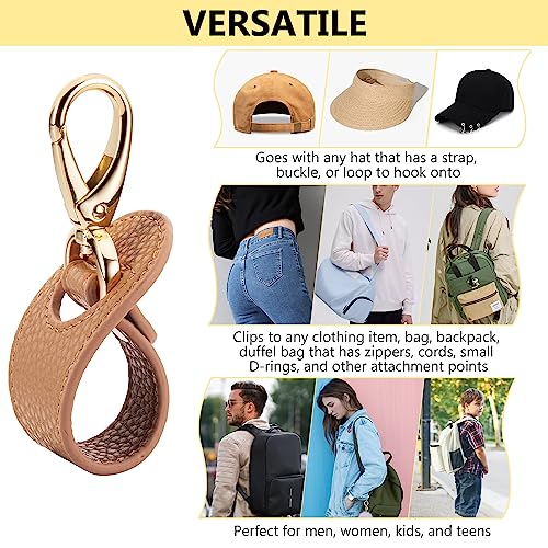 Hat Clip for Travel, Cap Holder Strap for Bags | Faux leather tab, zinc alloy clasp, fits baseball snapback and ponytail caps, mouse ear holder, hands free travel - color: Brown