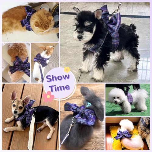 Cute Dog Harness and Leash Set with Bow Tie Soft Mesh Plaid Girl Puppy Harness No Pull Pet Cat Dog Vest Harness for Small Dogs Chihuahua Rabbit Outfit (Purple,XL) - color: Purple, size: XL(Chest 16"-18")