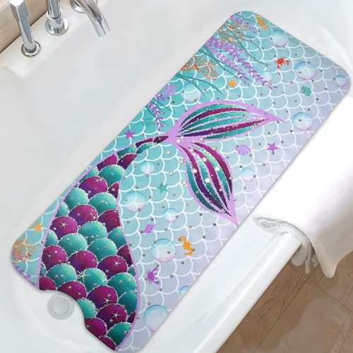 Mermaid Bathtub Mat Non Slip, Cute Baby Bath Mat for Tub Rubber Tub Mat, Kids Bath Mats for Bathroom Little Girls Anti Slip Shower Mat with Suction and Drain Holes Machine Washable, 40″X16″ - color: A05, size: 40" x 16" (Rectangular)