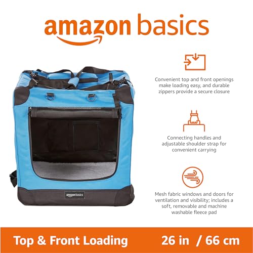 Amazon Basics Portable Soft Pet Dog Crate Carrier Kennel, Foldable, Washable, Up to 25 lbs, 26 x 18 x 18 inches, Blue - color: BLUE, size: 26.0"L x 18.0"W x 18.0"H