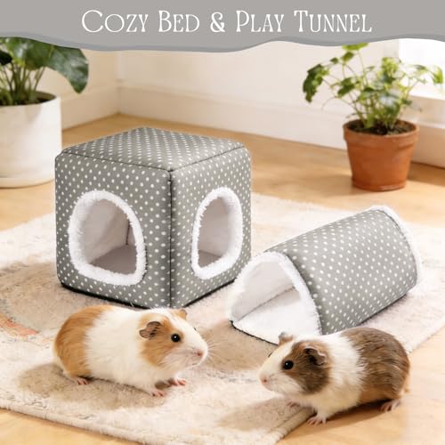 Guinea Pig Hideout, Dwarf Rabbit Bed with Play Tunnel, Washable Fleece House for Dwarf Bunnies, Chinchillas, Hedgehogs, Small Animal Cage Accessories Gray Dot - color: Grey