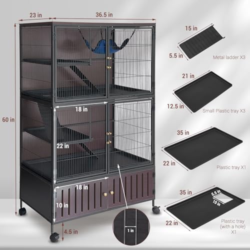 60" Large Metal Ferret Cage, Multi-Level Chinchilla Cages with Lockable Doors,3 Metal Ramps, 4 Wheels, Small Animal Cage with PP Trays & Storage Cabinet for Chinchillas, Ferrets, Guinea Pigs, Rats ﻿ - size: 59.1"L x 36.2"W x 23.0"H