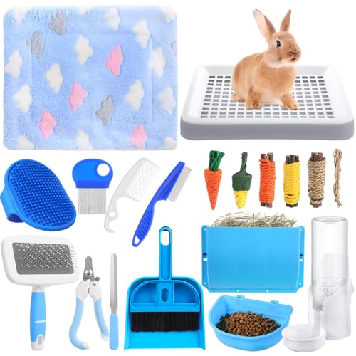 19 Pcs Rabbit Starter Kit Small Bunny Litter Box Animal Grooming Kit Water Bottle Bunny Toys Hay Feeder Bowl Blankets with Cleaning Set for Guinea Pig Rabbit Accessories - color: White, style: Cloud