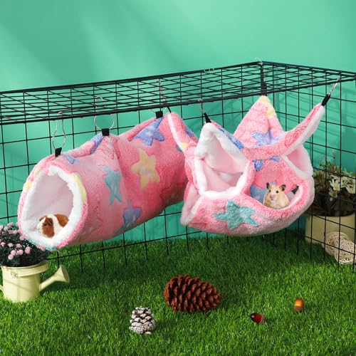 6 Pcs Rat Hammock Set Ferret Hanging Tunnel 3 Tier Guinea Pig Hammocks Hideout Soft Chinchilla Bed for Cage Accessories Hide,Play and Sleep(Dreamy,Star) - color: Dreamy
