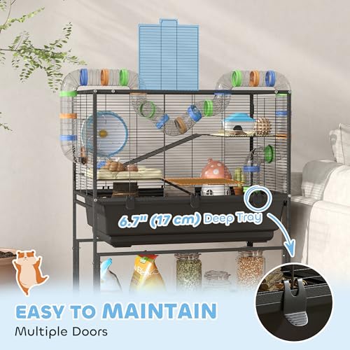 PawHut Large Hamster Cage with Deep Tray, 3 Tier for Syrian Gerbil Mouse | Rolling Rat Cage, Storage Shelf, Big Exercise Wheel, Tube System, Hut, Platforms, Ramps, Food Dish, Water Bottle - size: 32.3"L x 17.7"W x 41.9"H