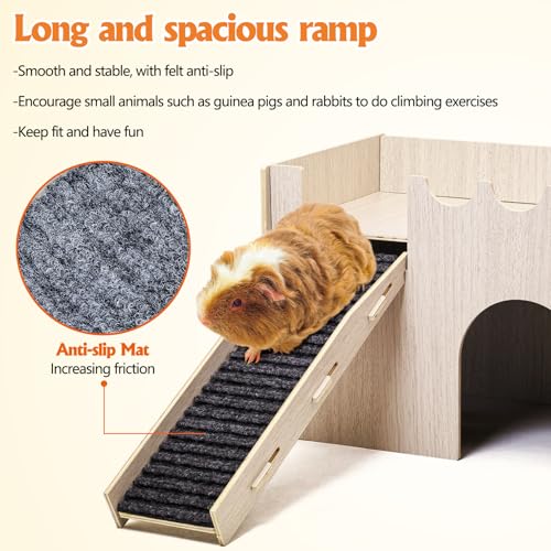 kathson Wood Guinea Pig Hideout Small Rabbit Hideout with Water and Hay Feeder Ramp, Easy to Assemble Wooden Hamster House for Small Animal Bunny Chinchilla Rat Hedgehog with 2xGuinea Pig Cage Liners