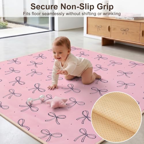 Basumee Splat Mat for Under High Chair, Waterproof & Mess-Proof Floor Mat | 46"×42" Baby Splash Mat, Non Slip Bottom, 4-Layer Fabric, Food & Liquid Catcher, Machine Wash for Boy Girl, Meals, BLW, Craft - color: Blush Pink Bows, size: 46x42 Inches