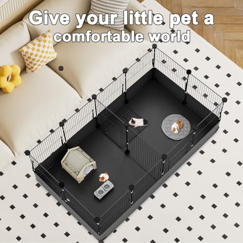 Tresbro Guinea Pig Cage with Waterproof PVC Bottom Liner & One-Hand Release Hook, Triple Fixing C&C Cage for Guinea Pigs, Bunny, Rabbit, Hedgehog, Small Animal Indoor Playpen 48''L x 24''W x 16''H - size: 14 Panels