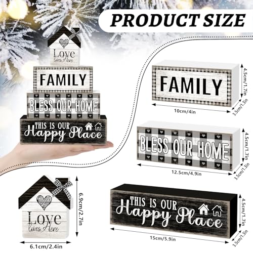 Tiered Tray Decor Set, 4 Pcs, Wooden, for Home Kitchen, Family | Rustic Buffalo Plaid, Farmhouse Rustic Summer Coffee Table Centerpieces Office Decorations - style: Family
