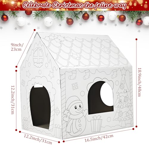 Cinrobiye Christmas Cardboard Cat House with Scratcher DIY Coloring Pet Gingerbread Board Bed Cave Playhouse Hideaway Hideout Condo Decor Animals Scratch Box for Indoor Cats Kittens Rabbits Bunny - color: White