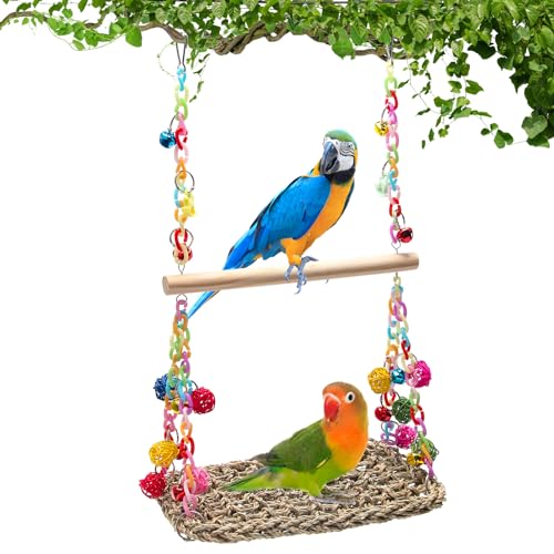 Bird Swing Toys Coolrunner Bird Hammock Bed Hanging Swing Nest Cotton | Weave Hemp Rope Bird Seagrass Swing Toys with Colorful Bells Bird Swing Toys for Parakeets, Budgie, Conure, Cockatiel