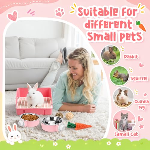Reallnaive 15 Pcs Rabbit Starter Kit Small Rabbit Litter Box Girls Gift Animal Grooming Kit Bunny Toys Bowl Blankets with Cleaning Set for Guinea Pig Accessories (Bright Pink‌) - color: Bright Pink‌