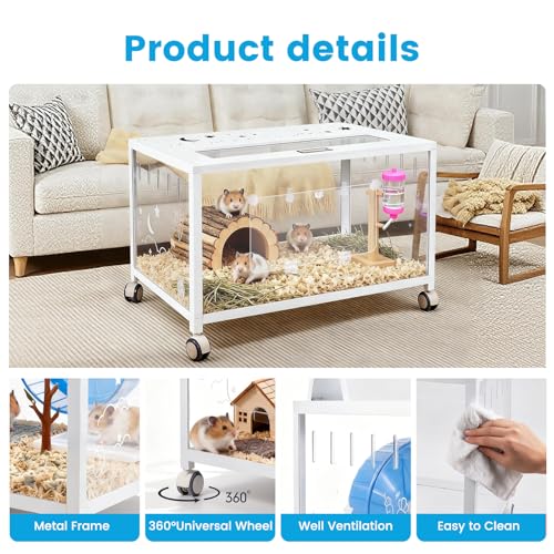Large Hamster Cage, Hamster Habitat 360° Viewing Guinea Pig Cages Hamster Tank with 2 Door and Wheels Small Animal Habitat for Syrian Dwarf Gerbils Rats Guinea Pigs