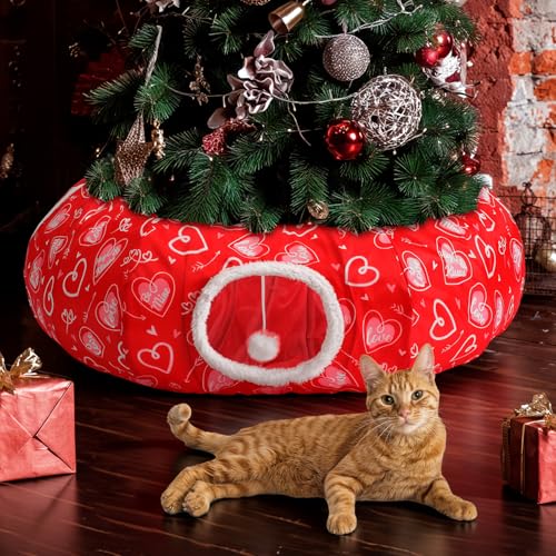 Soulchen Cat Tunnel Bed 3 ft x 3 ft x 9.8 Inches Cat Tunnel Tree Skirt Red Heart Pet Cave Donut Decor for Indoor Small Medium Kittens Dog Rabbit Ferret