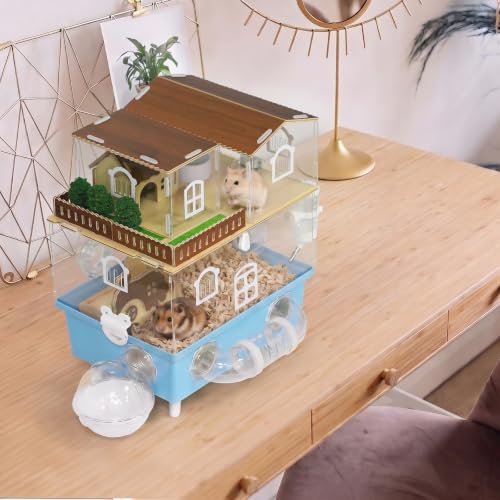 Acrylic Hamster Cage 2 Tier Clear Hamster House with Tunnels | Dwarf Hamster Cage & Habitat with Running Wheel, Food Bowl for Gerbils Syrian Hamsters,13.3''L* 9.8''W* 17.4''H, Blue - color: Blue