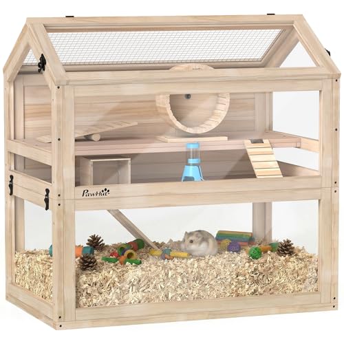 PawHut Wooden Hamster Cage for Small Gerbil, Mice 30" x 18" x 30" | 3-Tier Small Animal Cage, Hut, Seesaw, Ramps, Exercise Wheel, Acrylic Panel, Bottom Tray, Dwarf Hamster Habitat