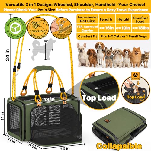 PAWZIDEA Expandable Pet Carrier Airline Approved, 18"×11"×11" Small Dog Carriers, Collapsible Top-Load Cat Carrier for 2 Cats Under Seat, Soft-Sided Puppy & Animal Travel Bag, ID Card, Up to 15lbs - color: Forest Green, size: 18.0"L x 11.0"W x 11.0"H